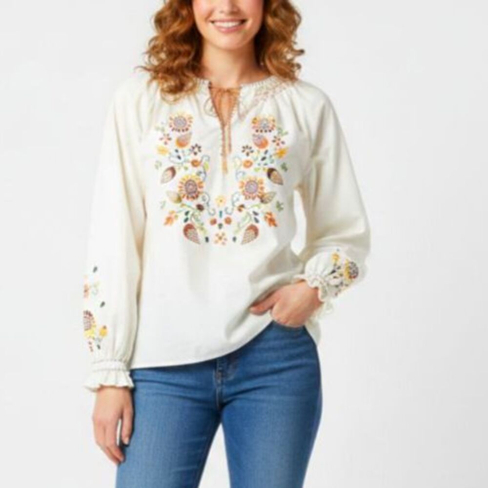 Vintage 1970s Women's Ivory Cotton Floral Embroidered LS Peasant Blouse Size M
